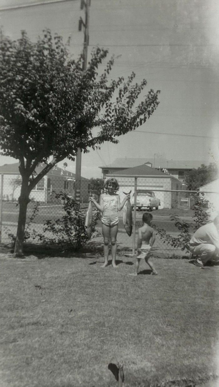 Little Girl Holding Two Big Fish In Yard B&W Photograph 3.5 x 5.75