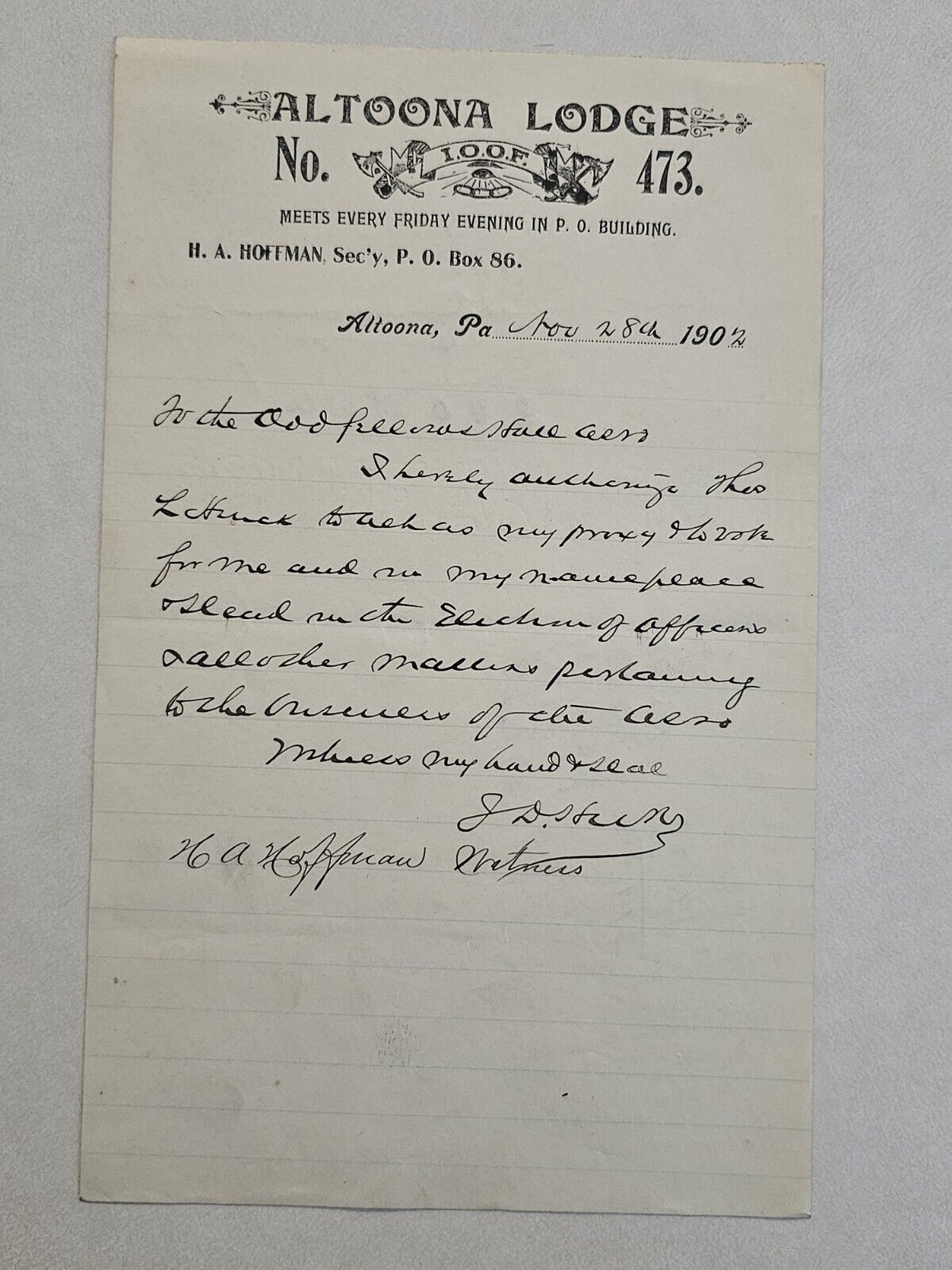 1902 Independent Order of Odd Fellows Altoona Lodge 473 Illustrated Letterhead