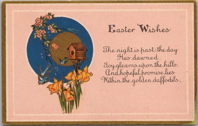 1910s EASTER WISHES Art Deco Postcard Birdhouse / Daffodils / Gold Border UNUSED