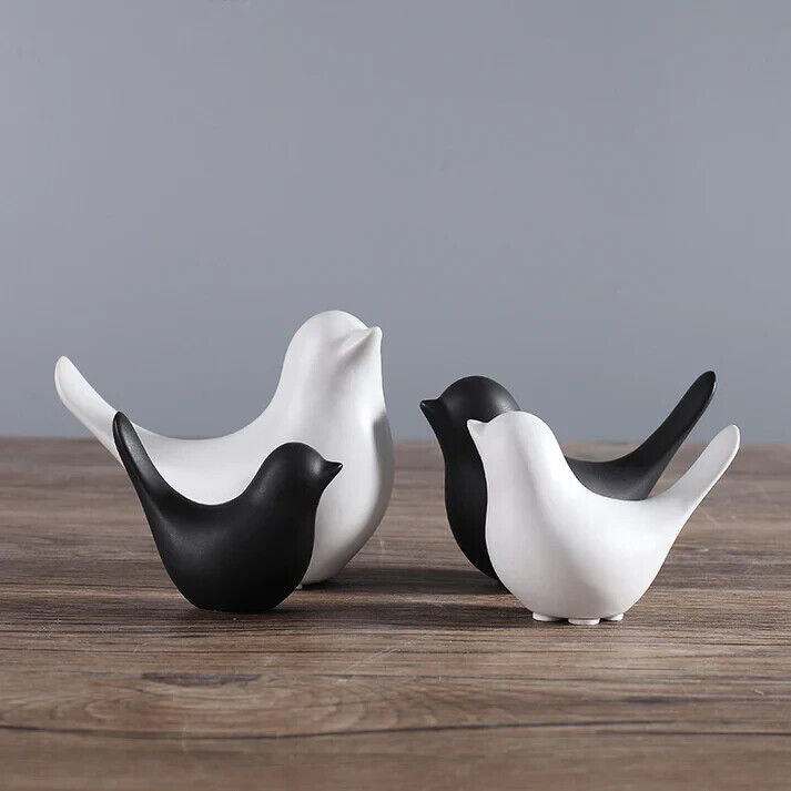 Small Ceramic Birds Figurine - Black & White - Set of 4