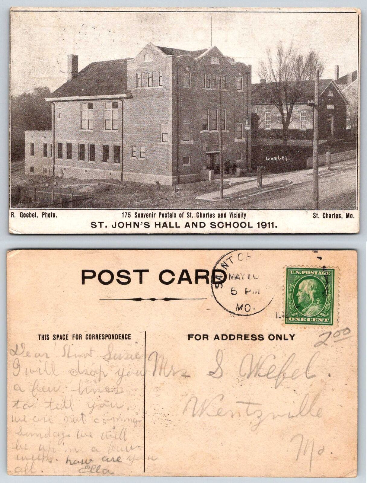 St Charles Missouri ST JOHN\'S HALL AND SCHOOL 1911 Postcard L195