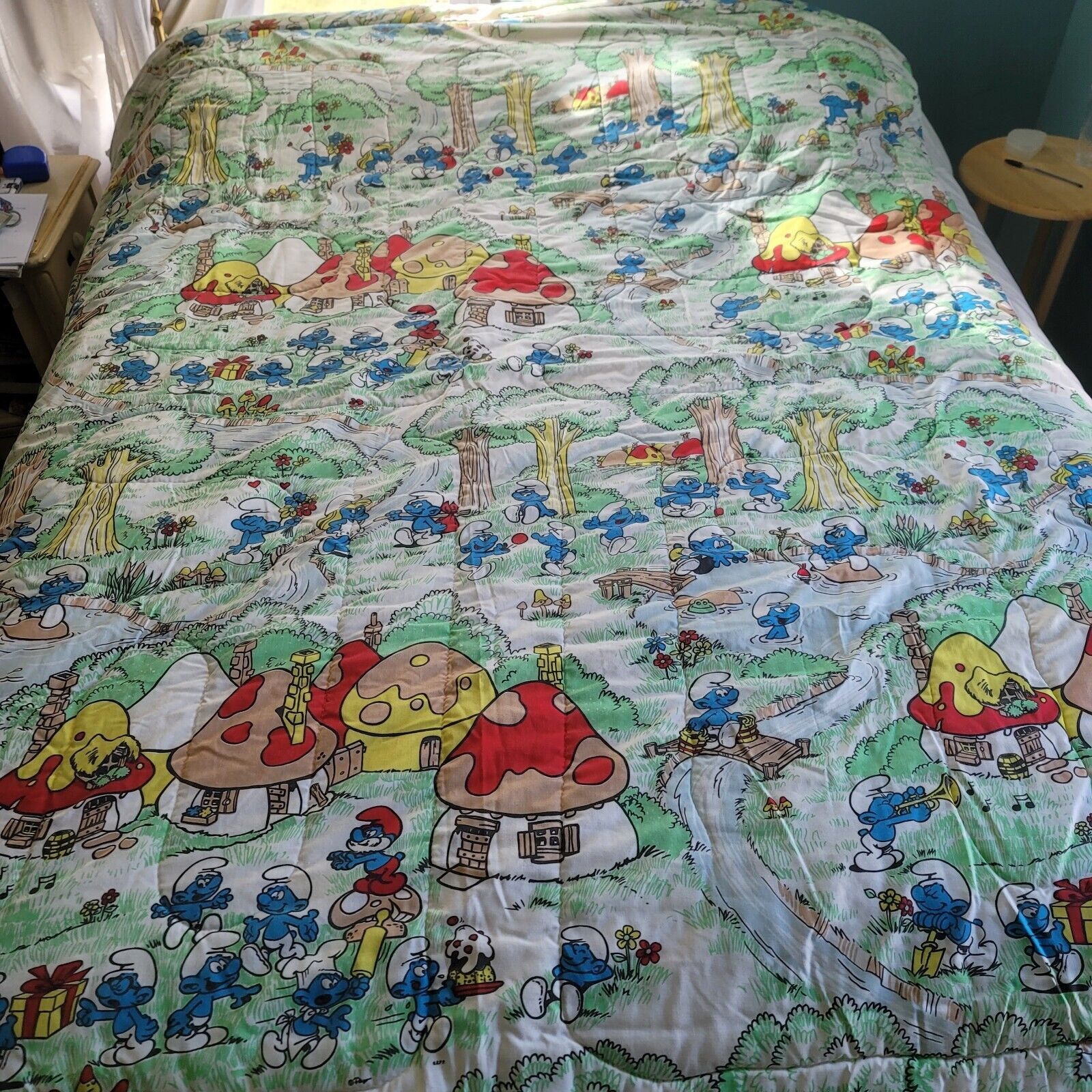 Vintage Original Smurfs Village Double Bed Bedspread/ Comforter