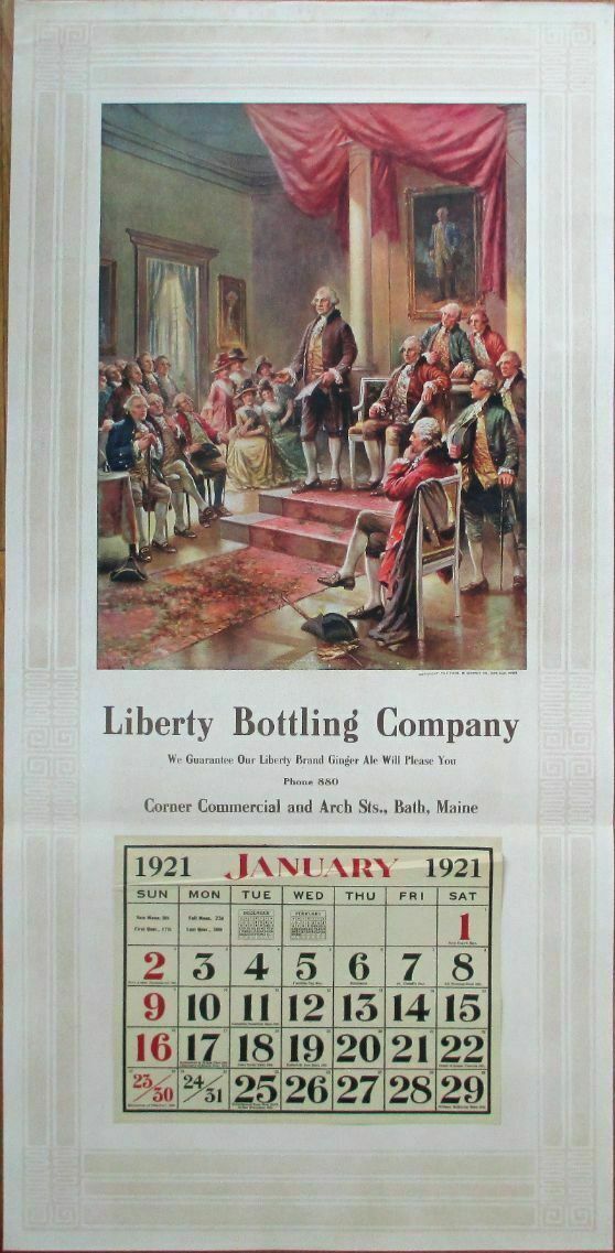Bath, ME 1921 GIANT 17x35 Advertising Calendar/Poster: Liberty Bottling Co-Maine