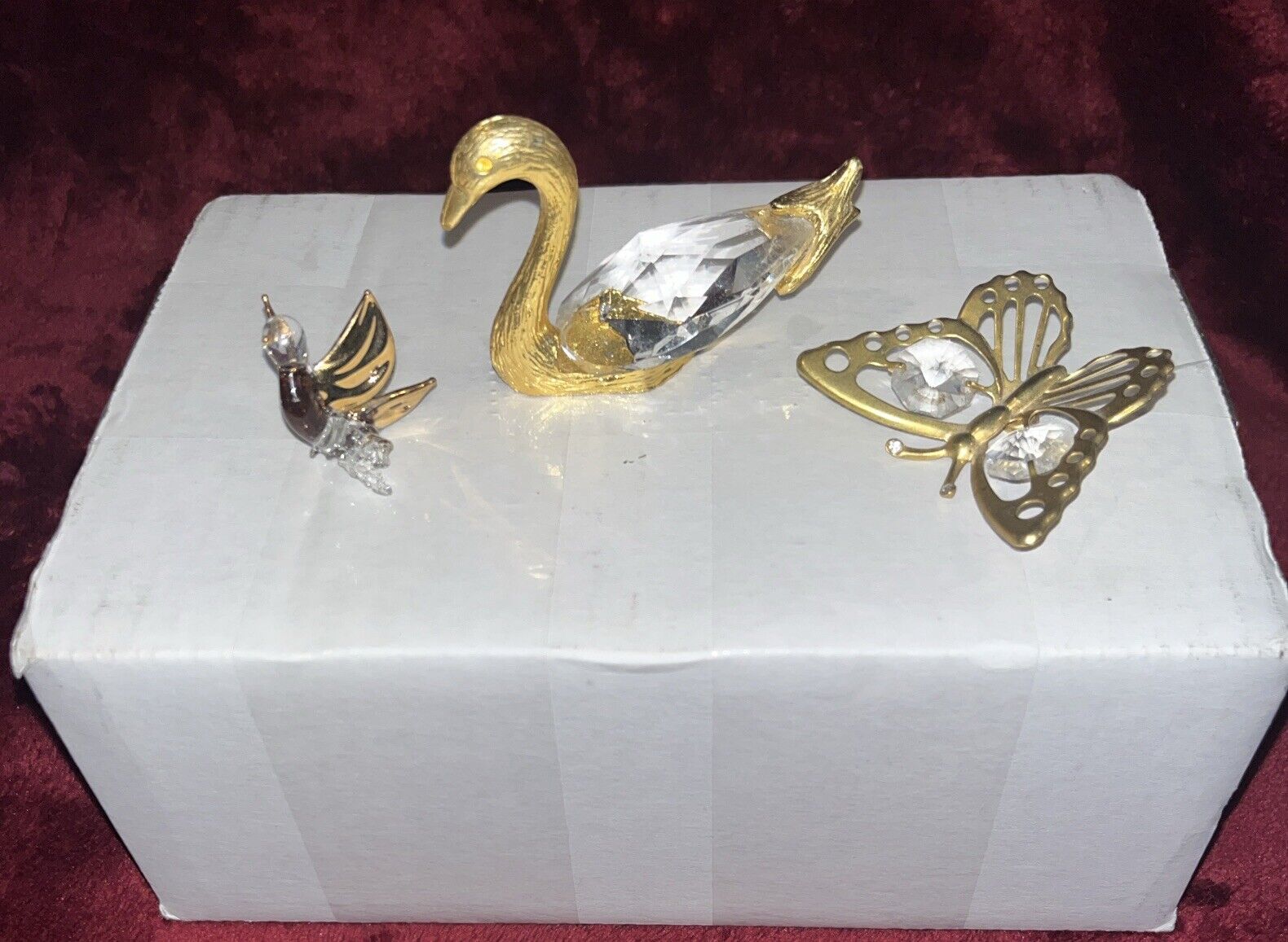 Vintage Brass & Crystal Glass Swan ,Bird And Butterfly Figurine Collector Decor