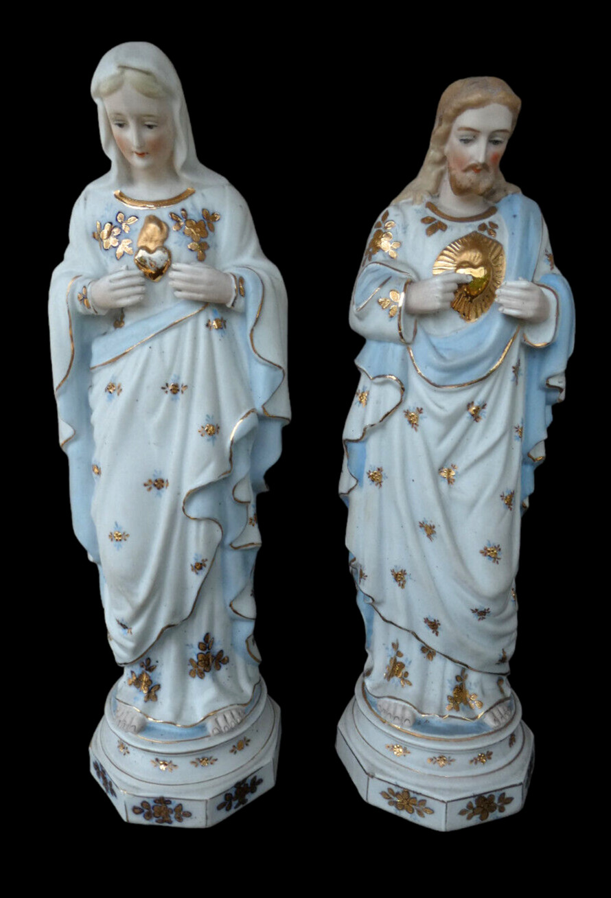 PAir german bisque porcelain Sacred heart jesus mary statue set religious