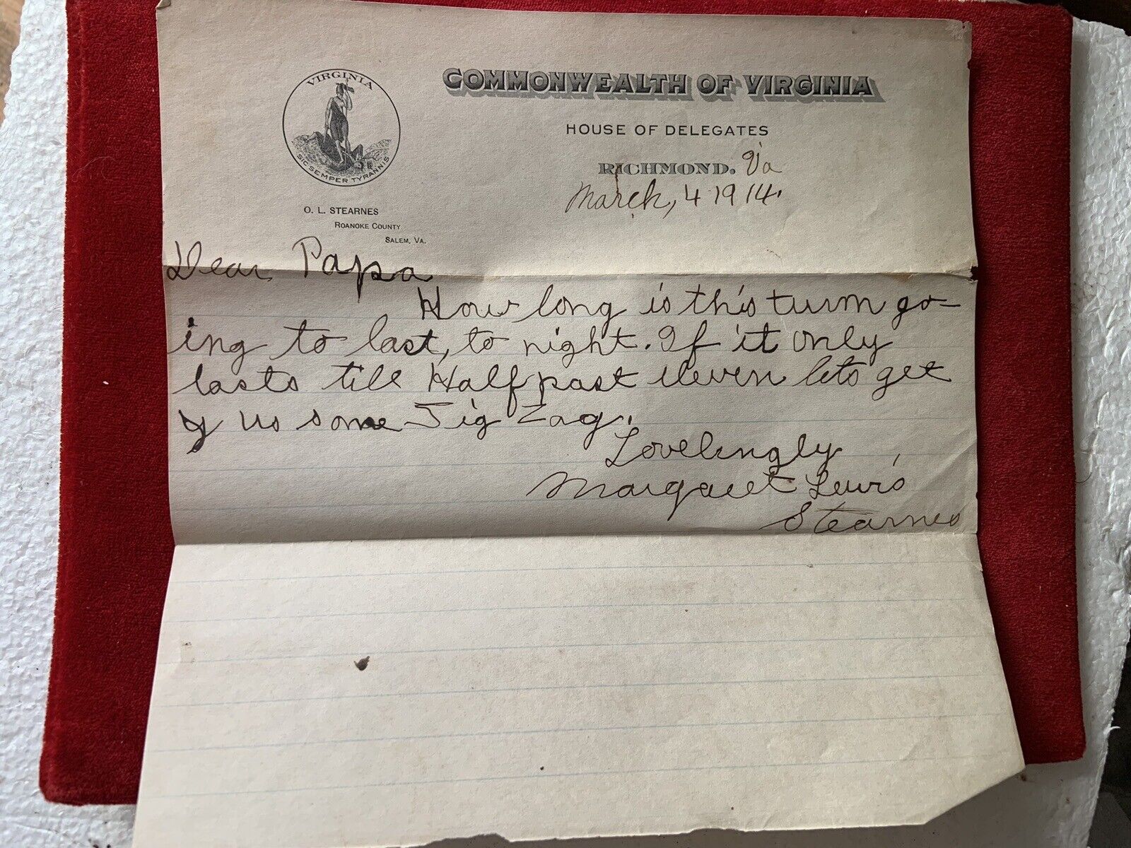 Virginia House of Delegates 1914 Letter Head From Daughter Roanoke VA Salem VA