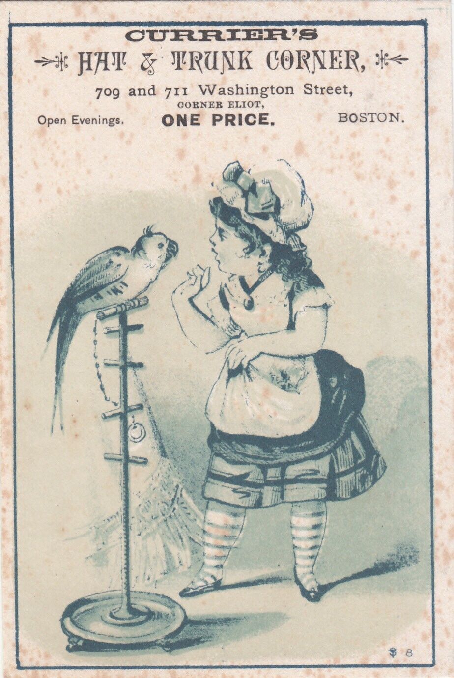 Currier\'s Hat & Trunk Corner Boston Girl Parrot Bird Vict Card c1880s
