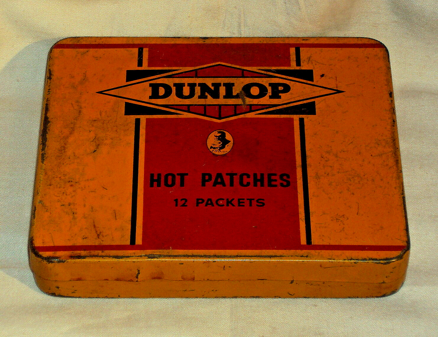 VINTAGE OLD AD TIN LITHO BOX BATES DUNLOP TYRE HOT TIRE PATCHES COLLECTIBLE 1950