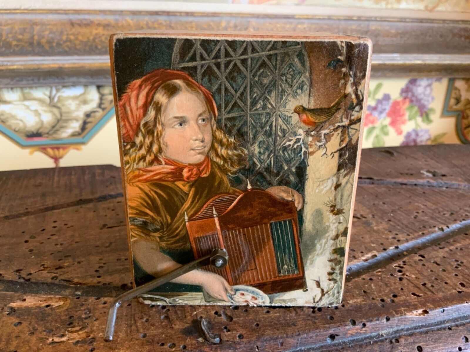 Lovely English Victorian Hand Wound Music Box C1880 Young Girl Bird