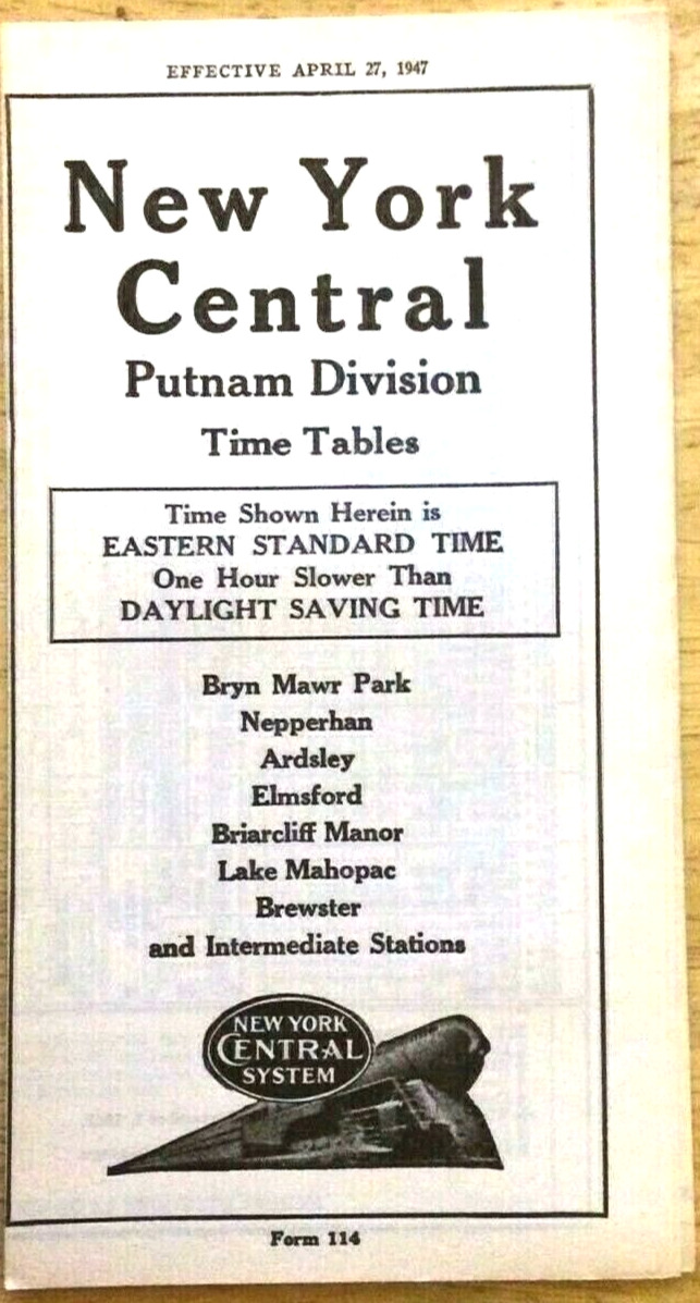 NEW YORK CENTRAL PUTNAM DIVISION FORM 114 PASSENGER TIMETABLE APRIL 27, 1947