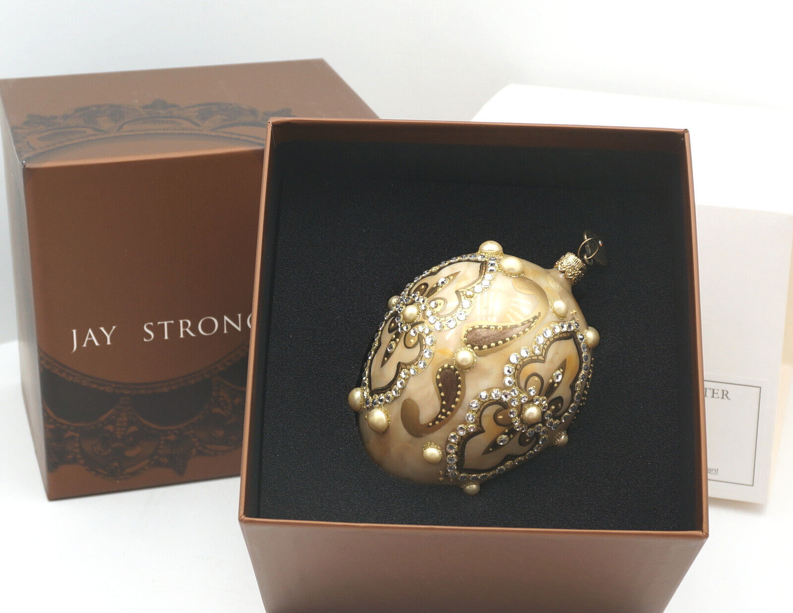 Jay Strongwater Jeweled Egg Ornament Box With Tag Bronze Gold Crystal Pearl