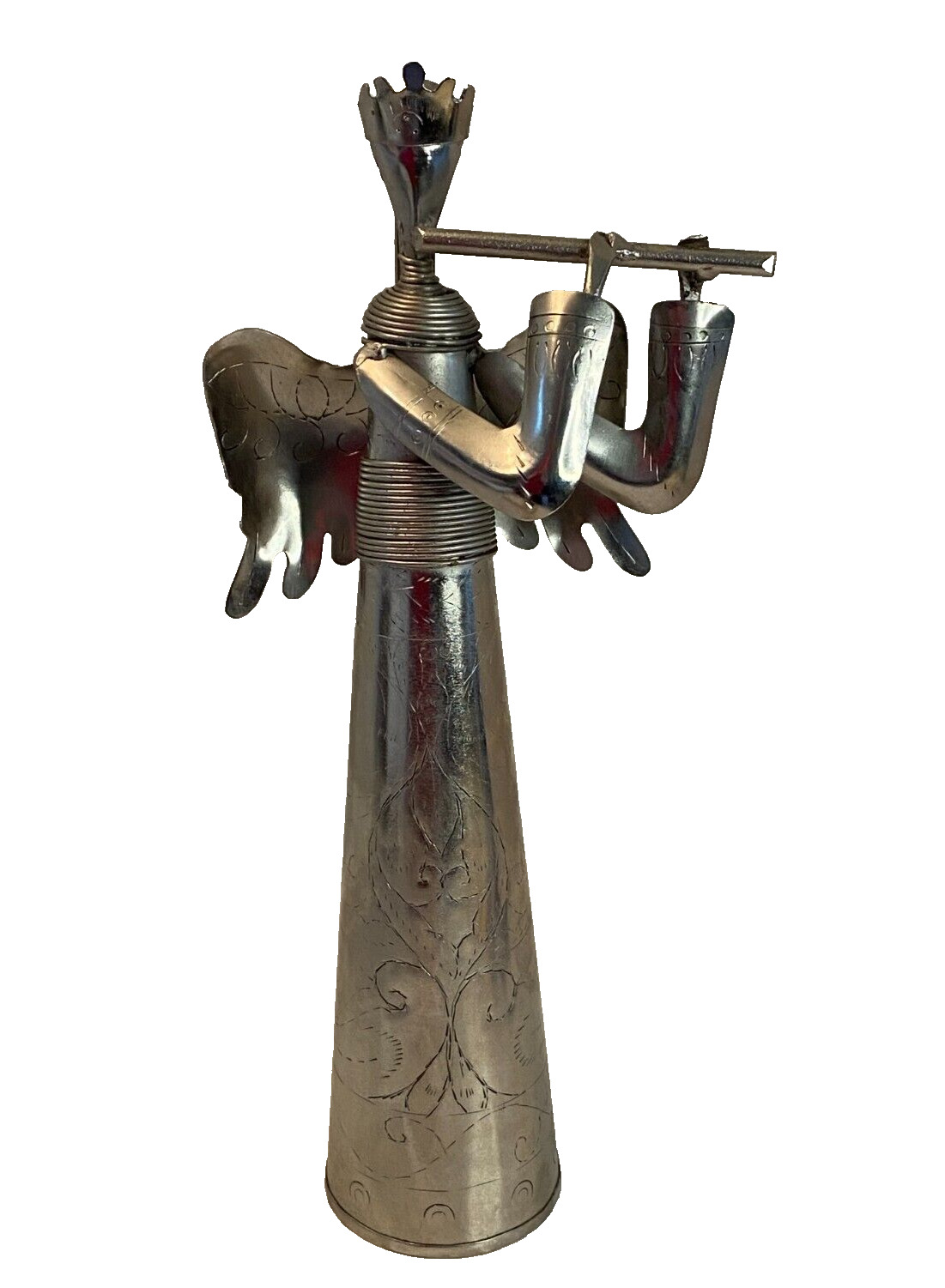Vintage Metal Angel w/ Flute Silver Tone Engraved Statue Figurine Cone 13.5\