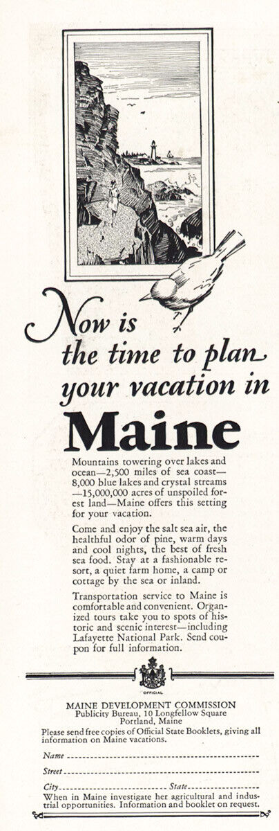 1928 Maine: Time to Plan Your Vacation Vintage Print Ad