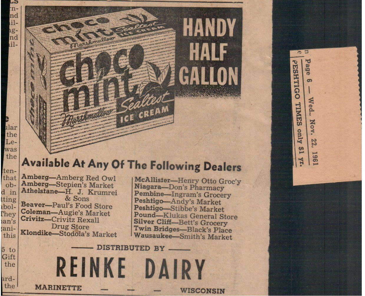 1961 Sealtest Ice Cream “Choco Mint Marshmallow” Reinke Dairy clipped ad 5x4.5”