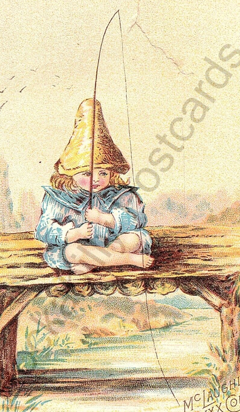 Victorian Trade Card 1890\'s Mc Laughlin\'s Coffee Little Boy Hat & Fishing Pole