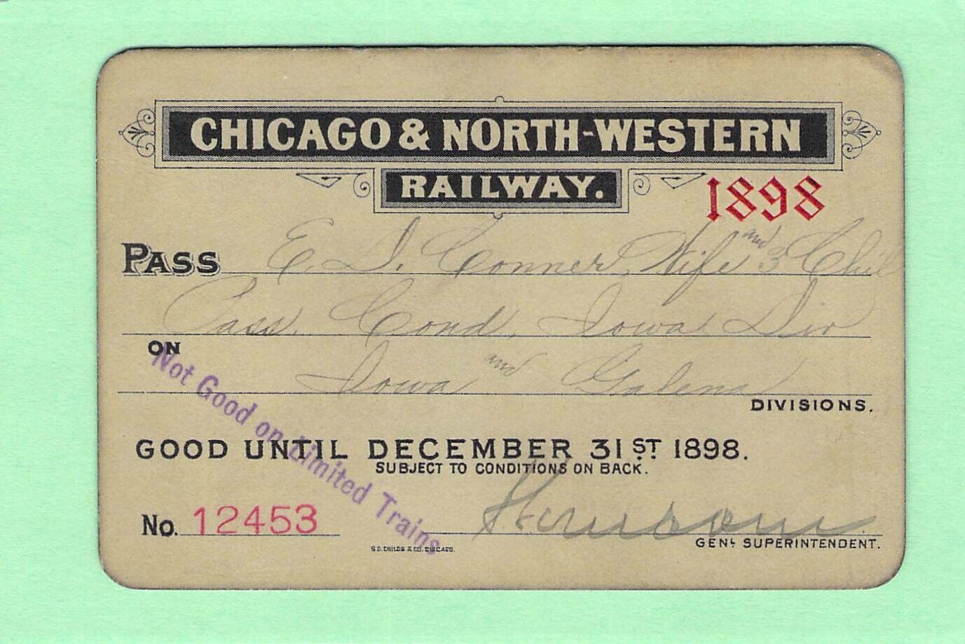 1898 CHICAGO NW TRIP RAILROAD RR RWY RAILWAY PASS