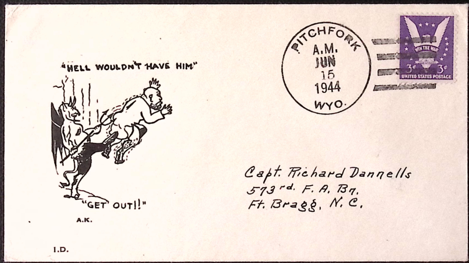 1944 World War 2 A. DONALDSON Illustrated Envelope Pitchfork Postmark Devil