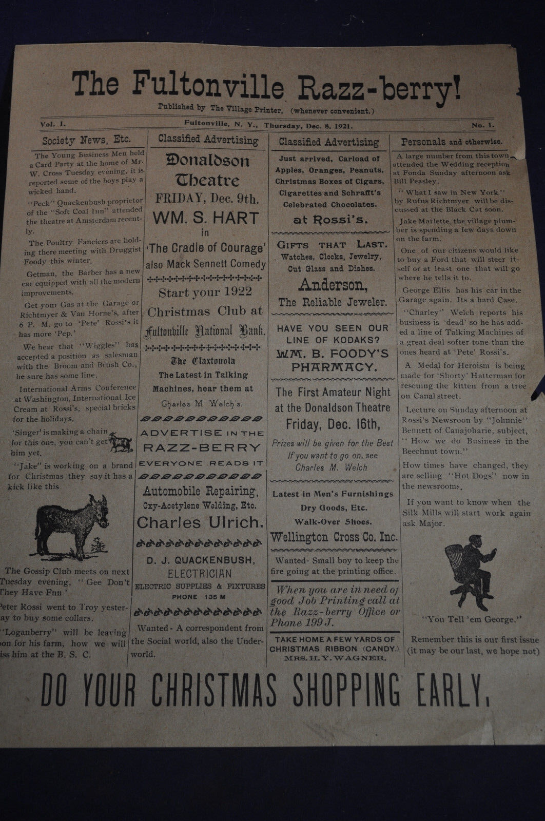 1921 *FIRST & THIRD* Fultonville [NY] Razz-Berry Newspaper