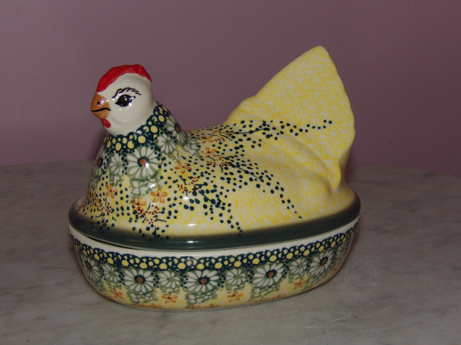 Polish Pottery Chicken Box UNIKAT Signature Exclusive Miss Daisy Pattern
