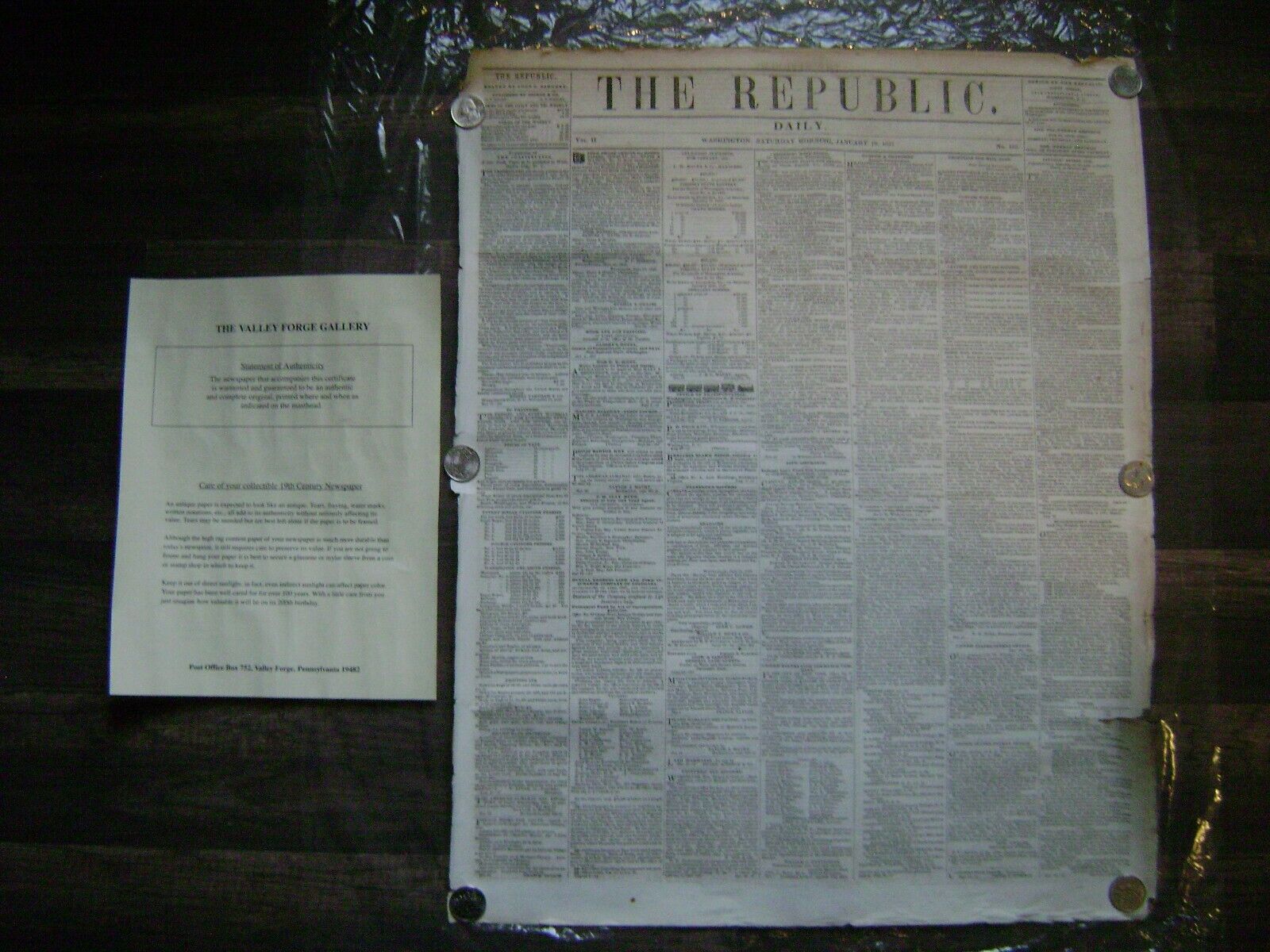VINTAGE JANUARY 18th 1851 THE REPUBLIC DAILY NEWSPAPER WASHINGTON D.C.  