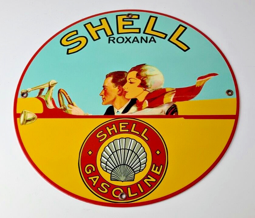 Vintage Shell Gasoline Sign - Roxana Old Automobile Gas Pump Plate Nozzle Sign
