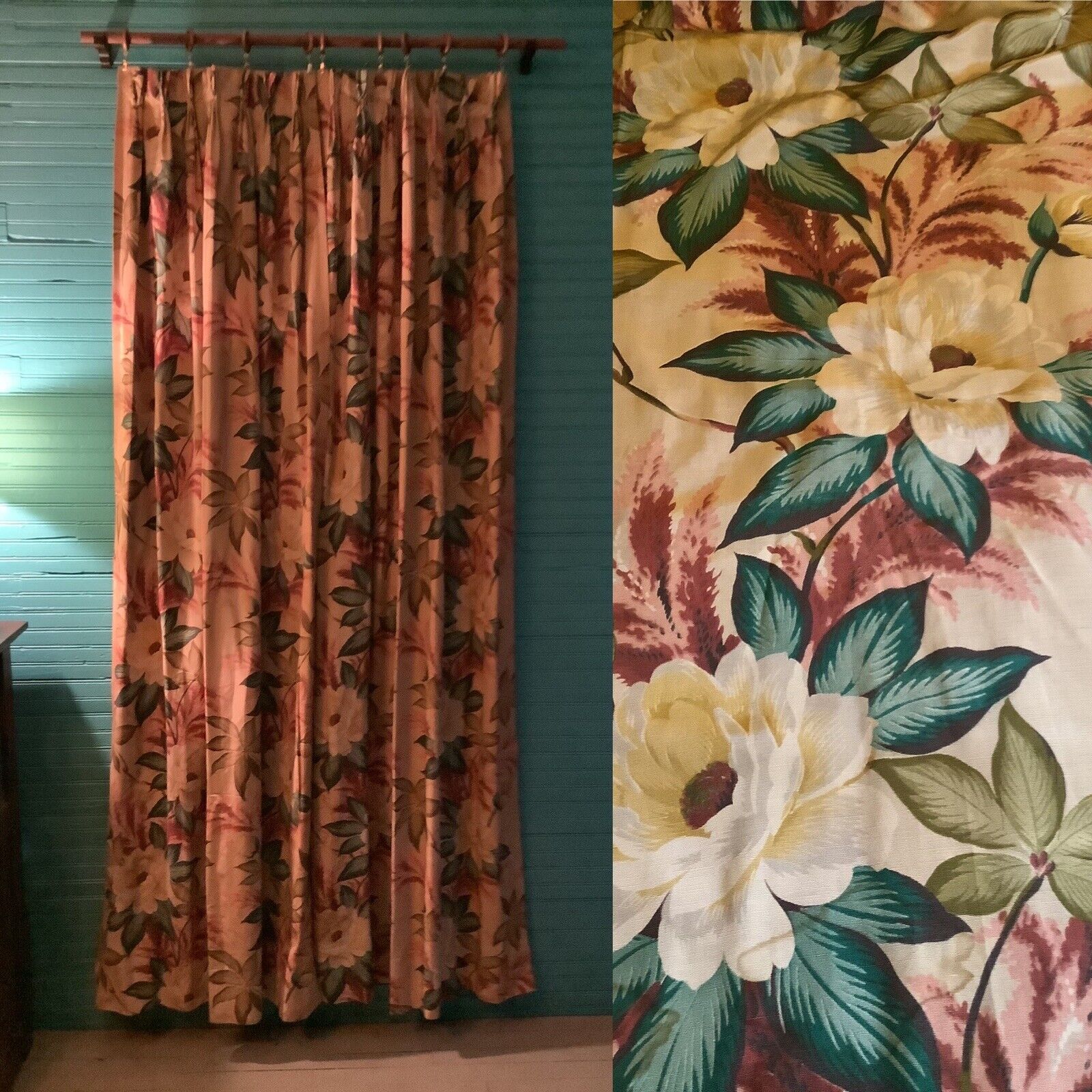 1940-50’ Floral Print Drapes. 2 Panels Tropical Print Rayon Perfect for Pillows