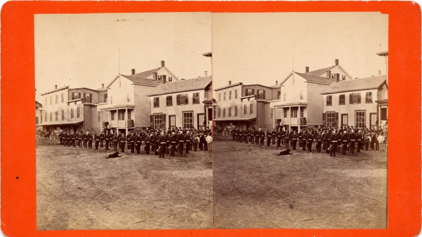 Stereoview. Firemen. Water Witch Hose No. 2. New Milford, CT. Hose Carriage.