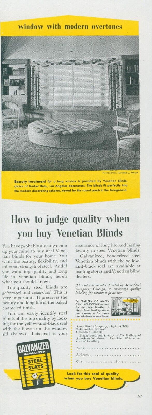 1948 Acme Steel Company Venetian Blinds Gallery Windows Vintage Print Ad AH1