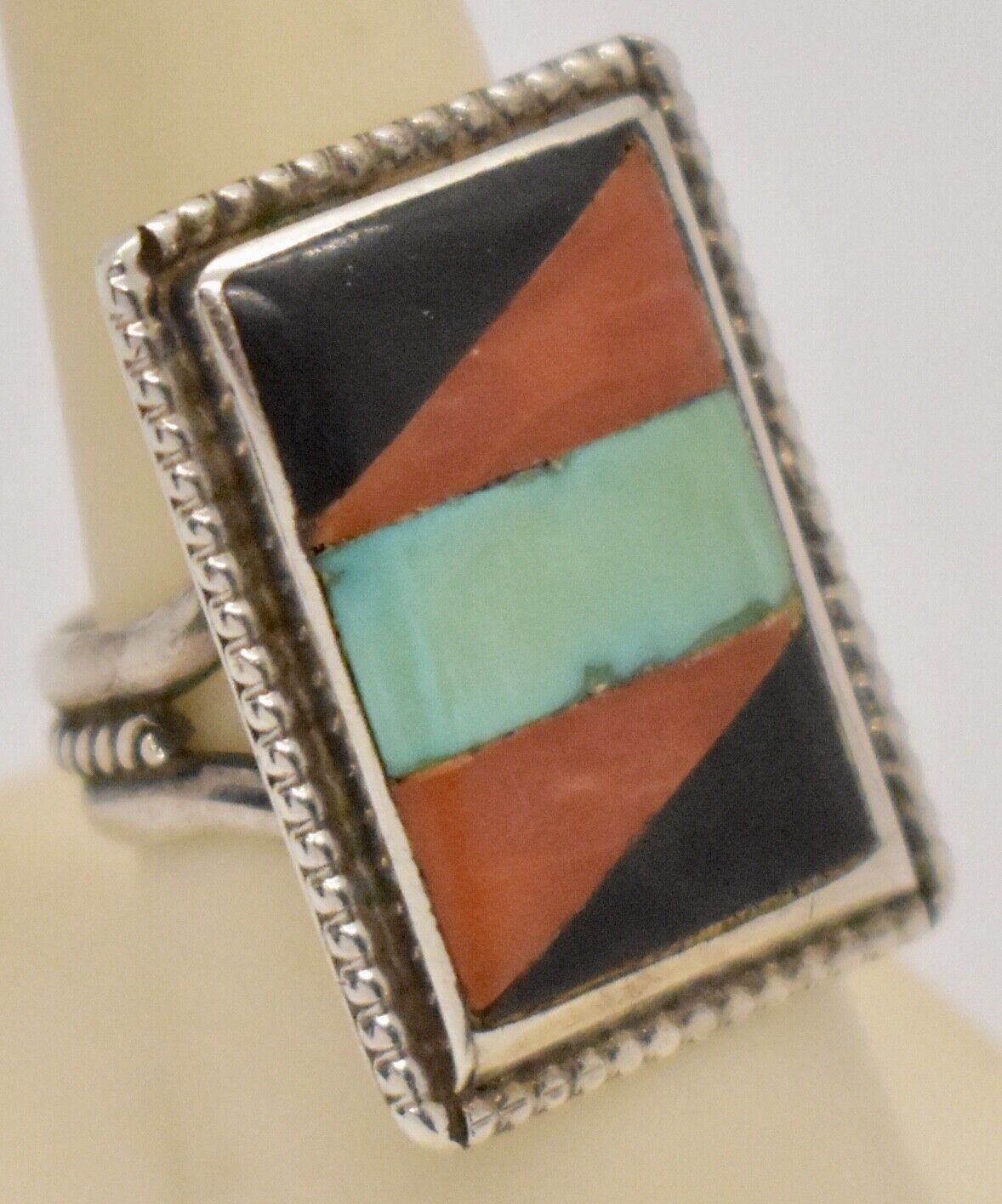 Signed Zuni Large Turquoise Coral Onyx Inlay Sterling Silver Ring