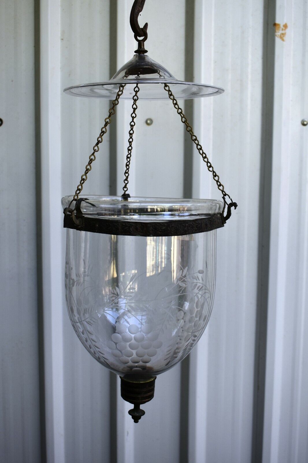 Antique Colonial Bell Jar Glass Lantern Belgian Lamps Pendent Light Etching \