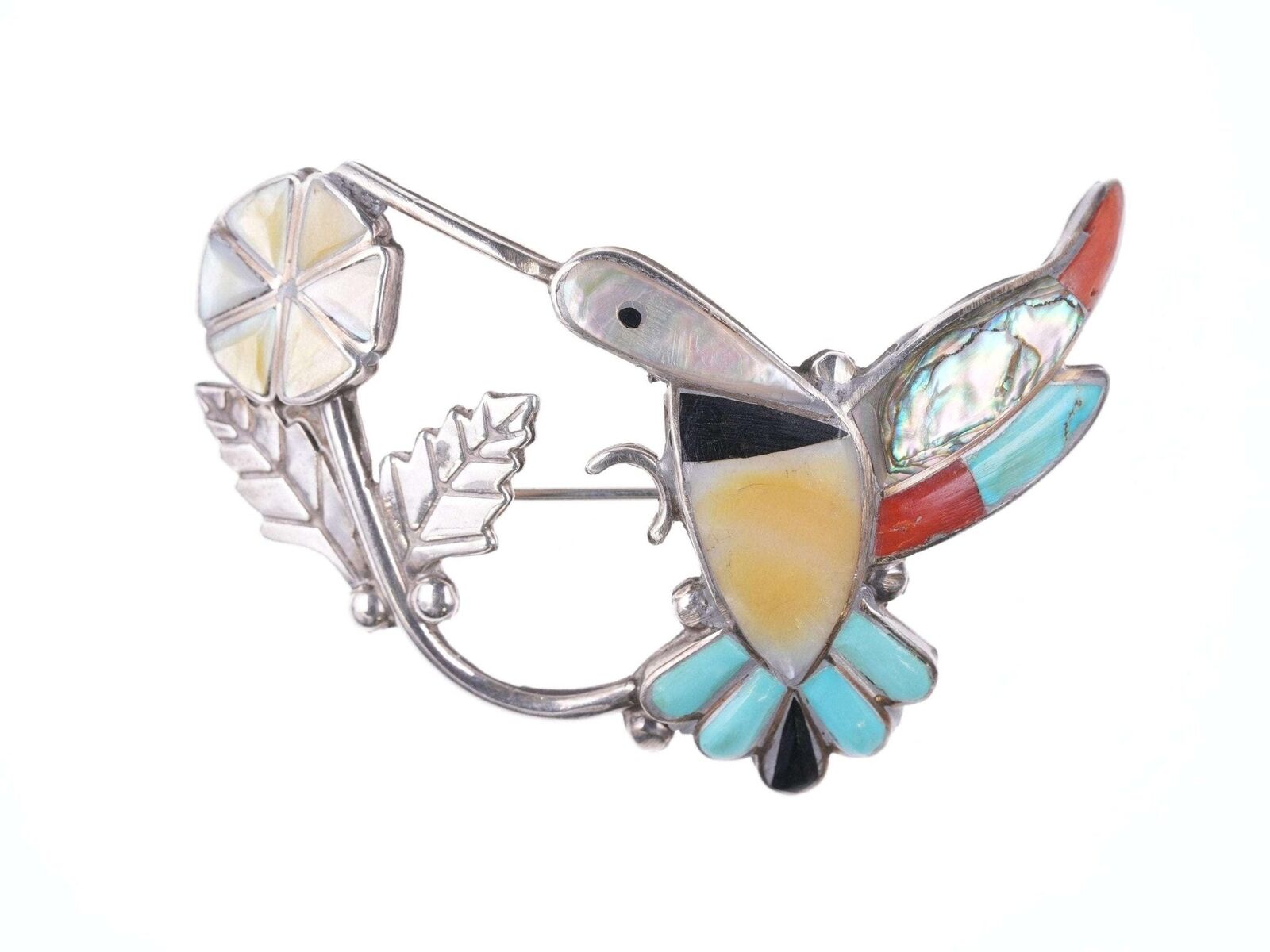 Vintage Zuni Sterling Hummingbird shell, Coral, and turquoise pendant/pin