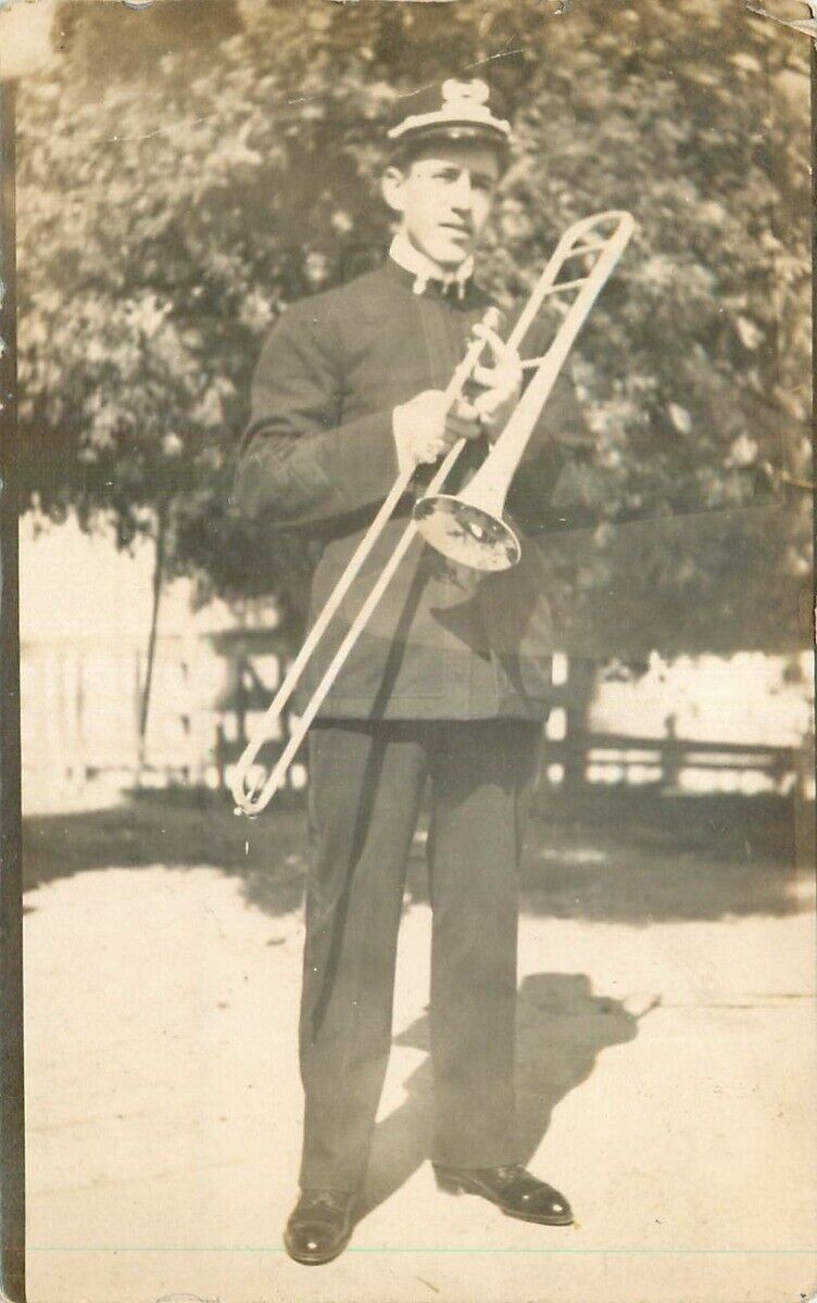 Real Photo Postcard Man w/ Trombone, Benson, Arizona - used in 1908
