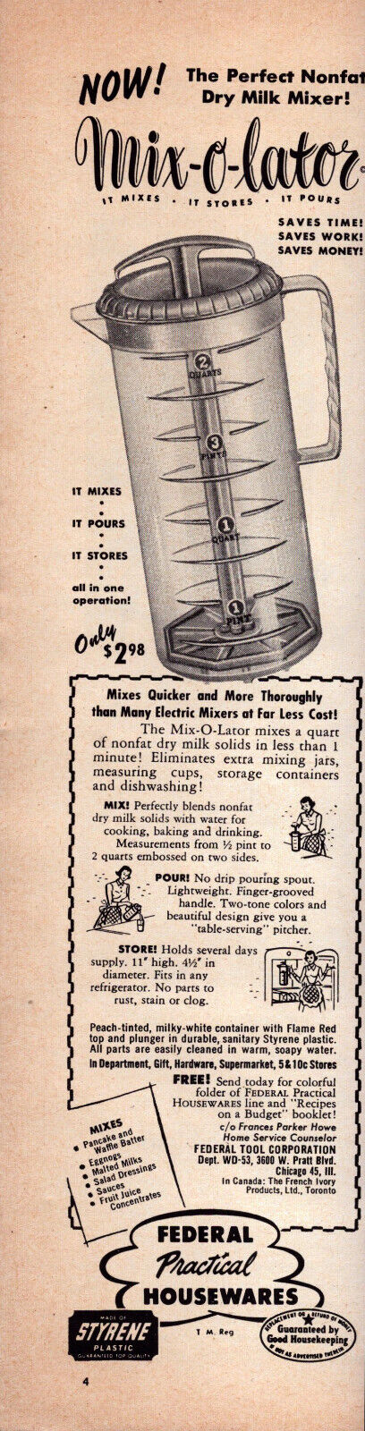 Mix-o-lator Dry Milk Mixer Styrene Plastic Practical IL Vintage Print Ad 1953