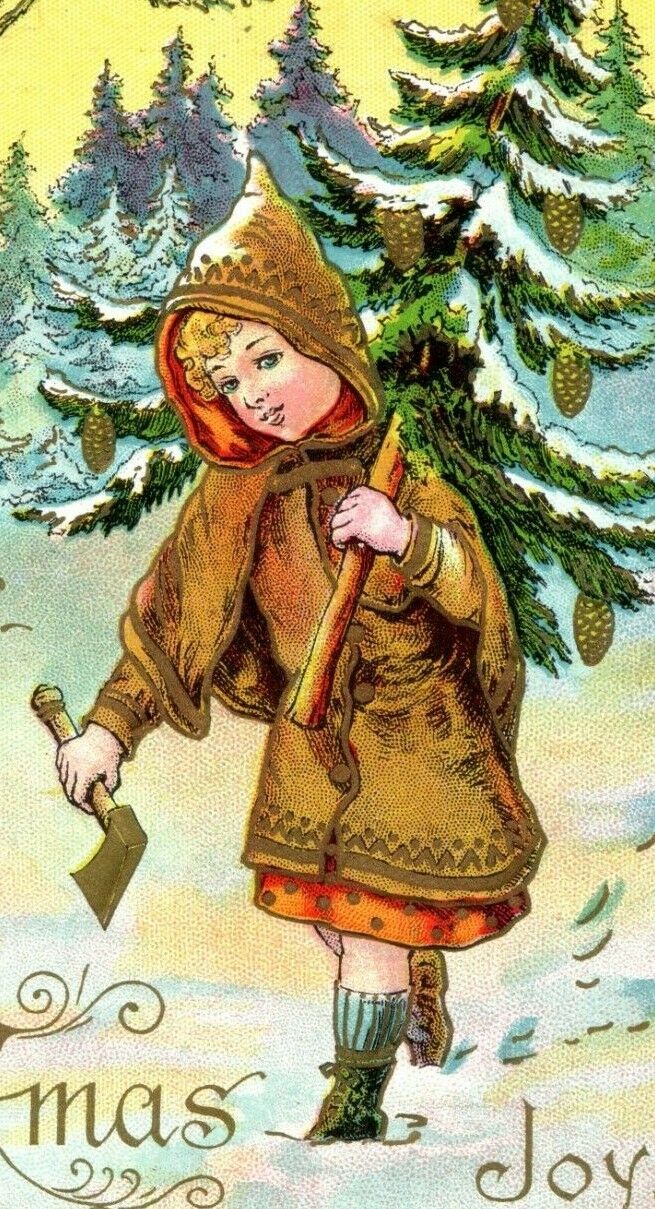 1910 Embossed Christmas Postcard Little Girl Just Cut Her Christmas Tree