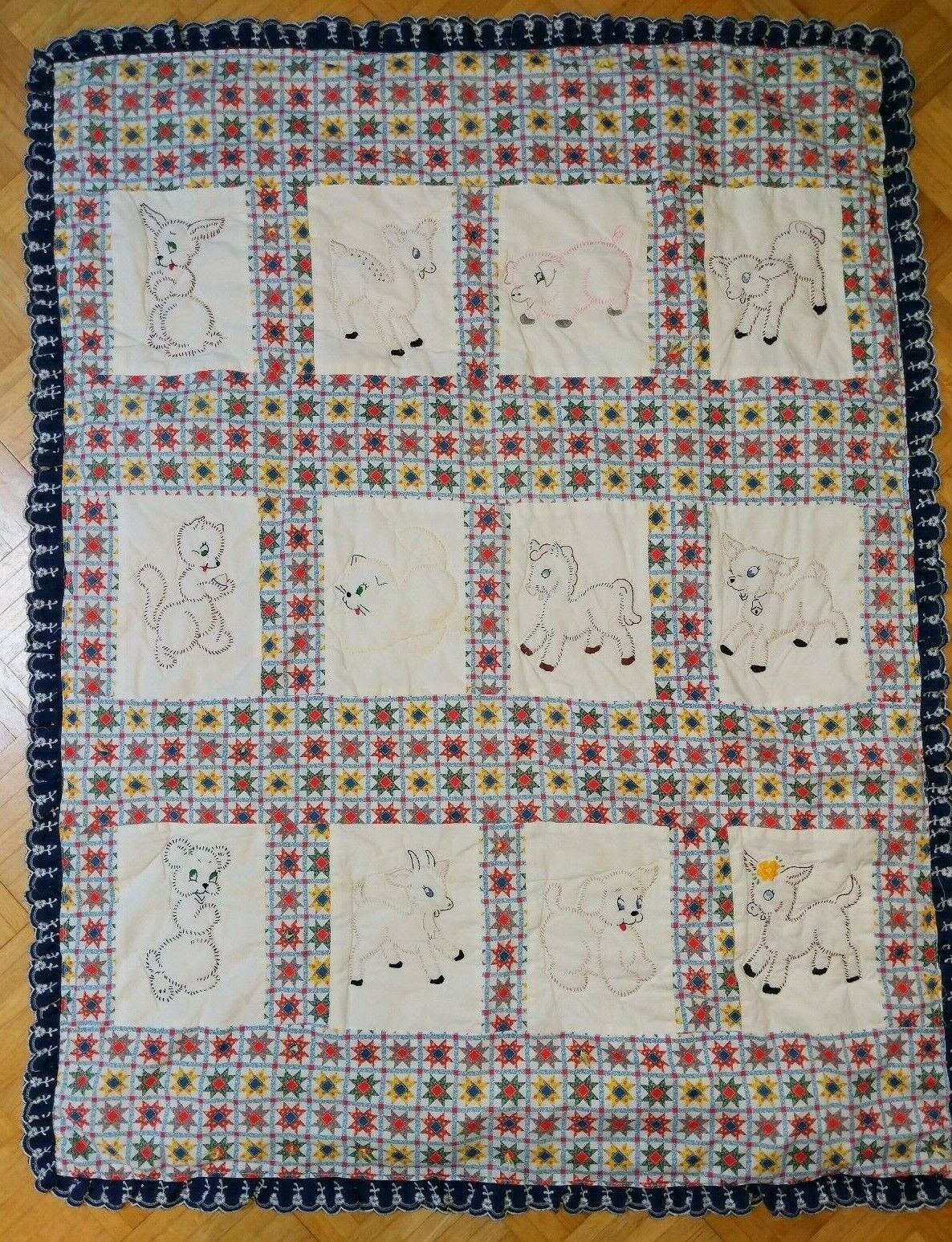 Vintage Hand Embroidered Baby Quilt Blocks Pig Lamb Kitten Puppy Squirrel Cow