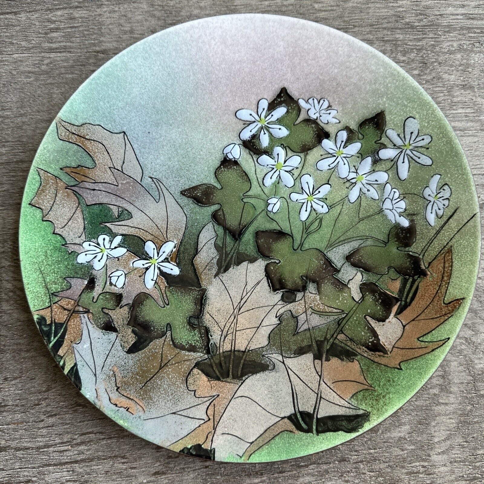 Vintage Norman Brumm Autumn Leaves/wildflowers Enamel Copper Plate8 1/2” Signed