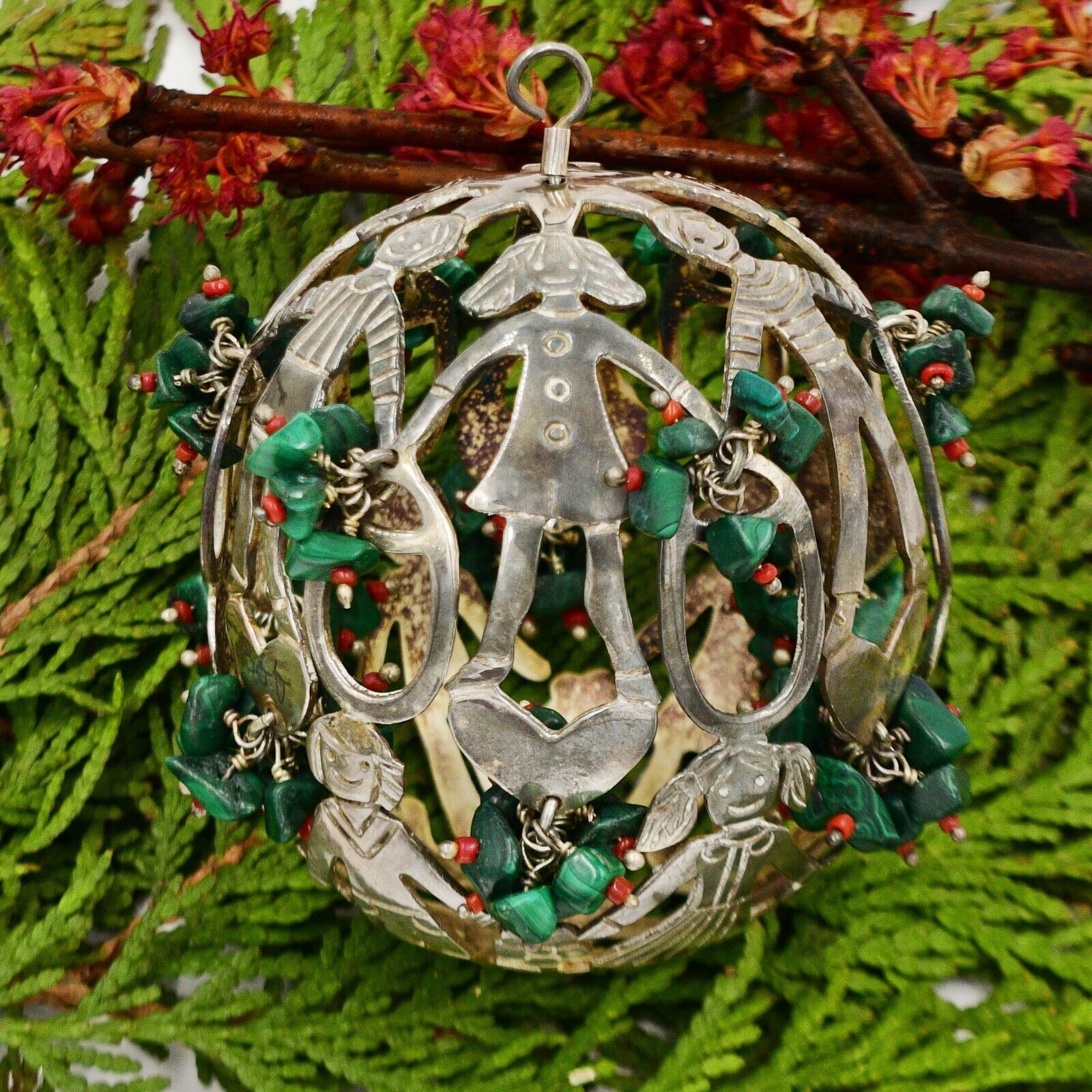 Sterling Silver Emilia Castillo VERY RARE Family Malachite Christmas Ornament