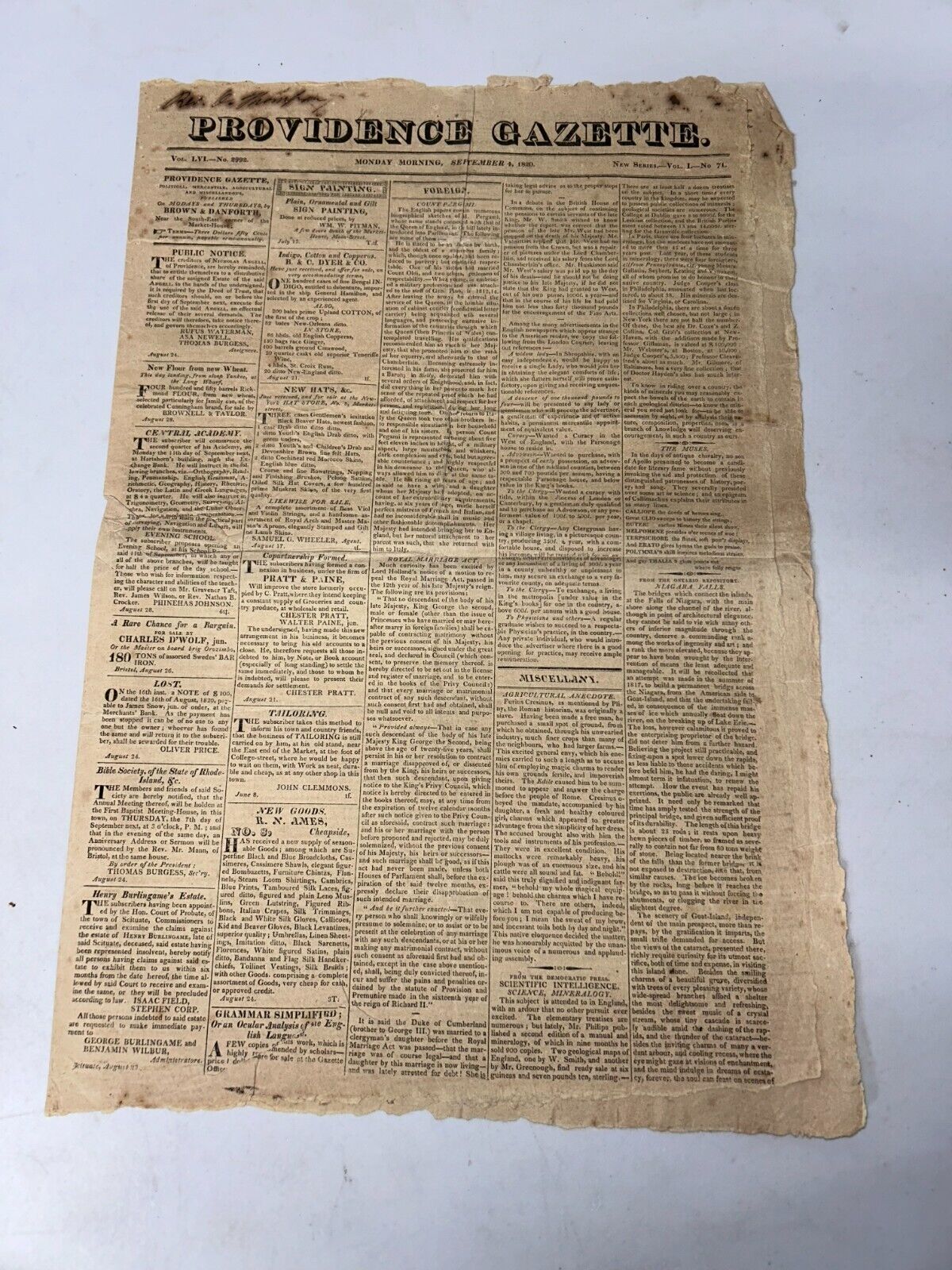 Providence Gazette September 4, 1820 Vol LVI No. 2992 ( Vol 1 No. 71 ) Newspaper
