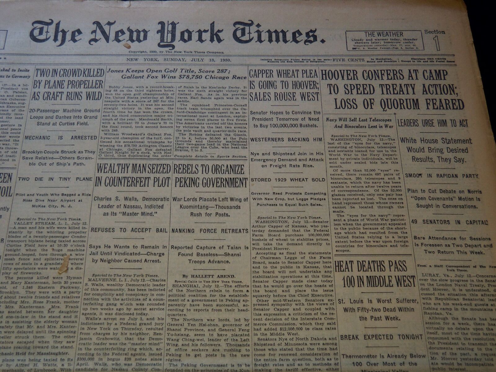1930 JULY 13 NEW YORK TIMES NEWSPAPER - JONES KEEPS OPEN GOLF TITLE - NT 9434