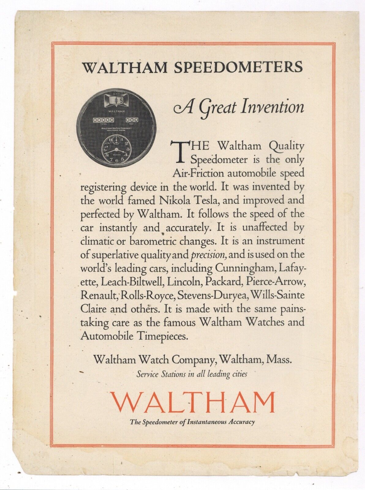 1921 Waltham Watch Co. Ad: Auto Speedometers - Instantaneous Accuracy.