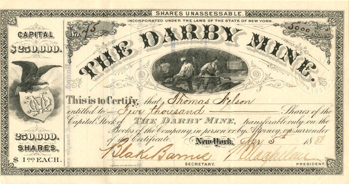 Darby Mine - Stock Certificate - Mining Stocks