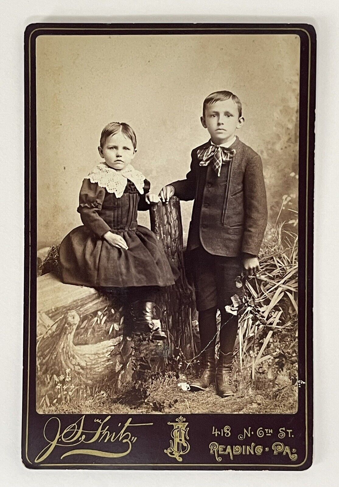 Antique Victorian Cabinet Card Photo Young Brother & Sister Sibling Reading, PA
