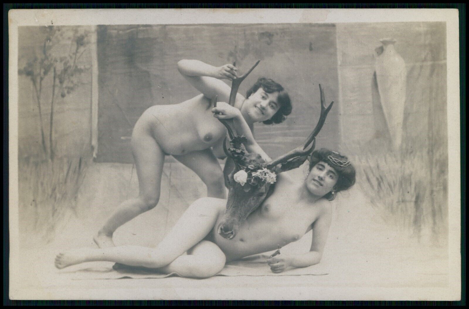 French nude woman Lesbiann Deer hunting trophy old early c1900s photo postcard