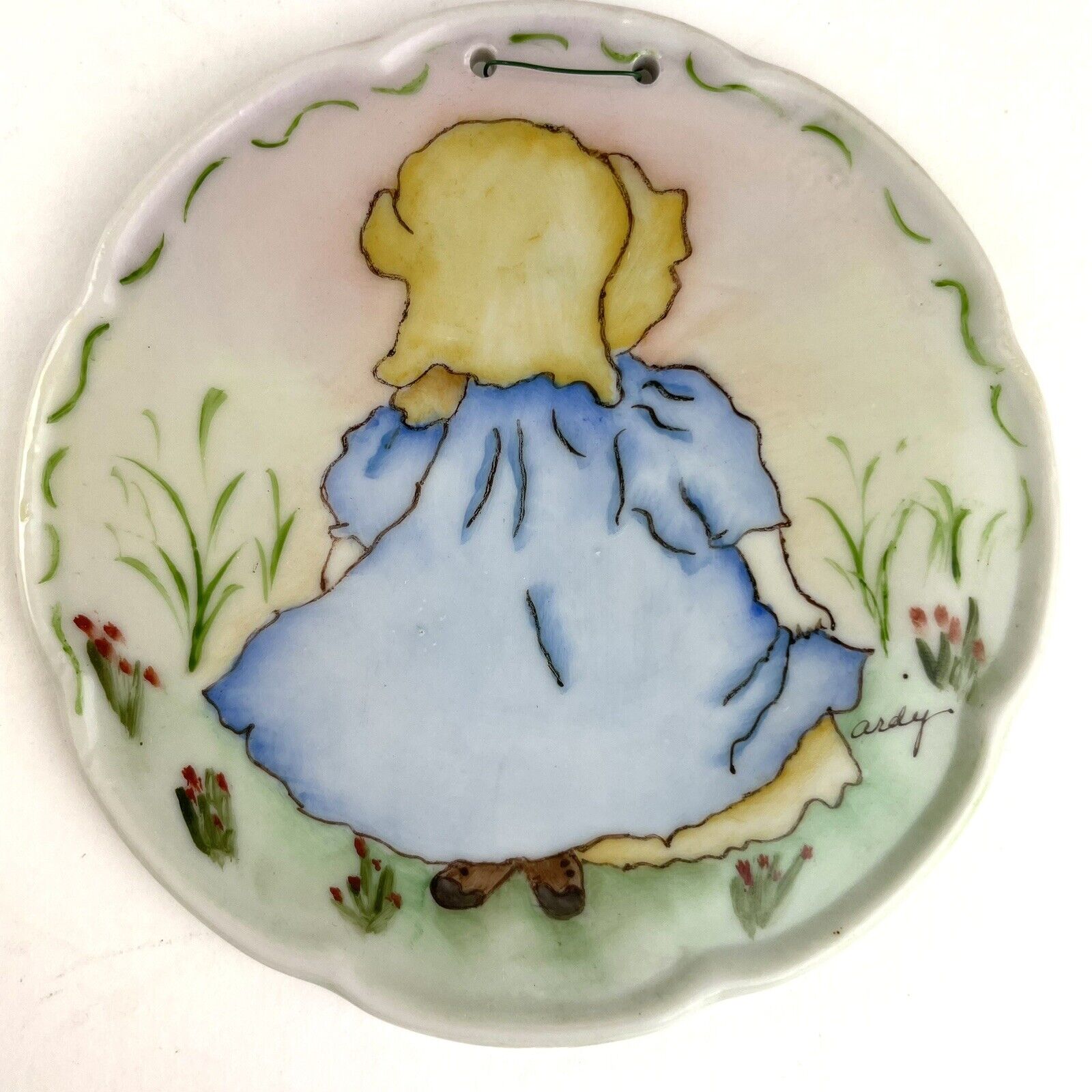 Hand Painted Mini Plate Plaque Signed Ardy Girl Blonde Hair Blue Dress Flowers