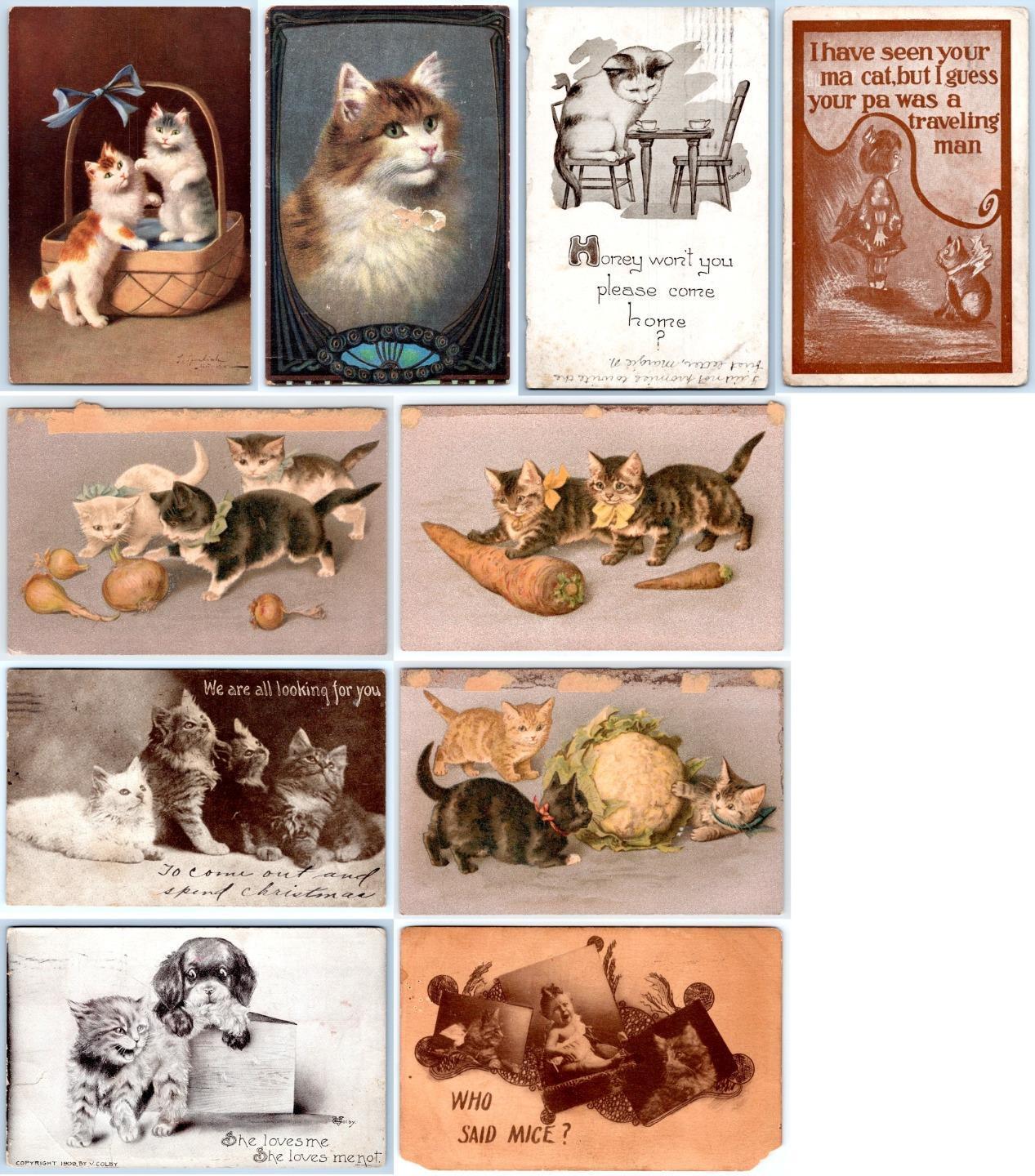 LOT/10 ANTIQUE CATS KITTENS POSTCARDS EARLY 1900's CONDITION VARIES #1