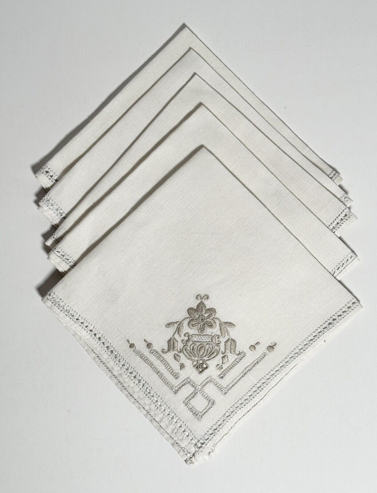 Vintage Linen Napkins Embroidered Flower Urn Cutwork Border Off-White Set of 5