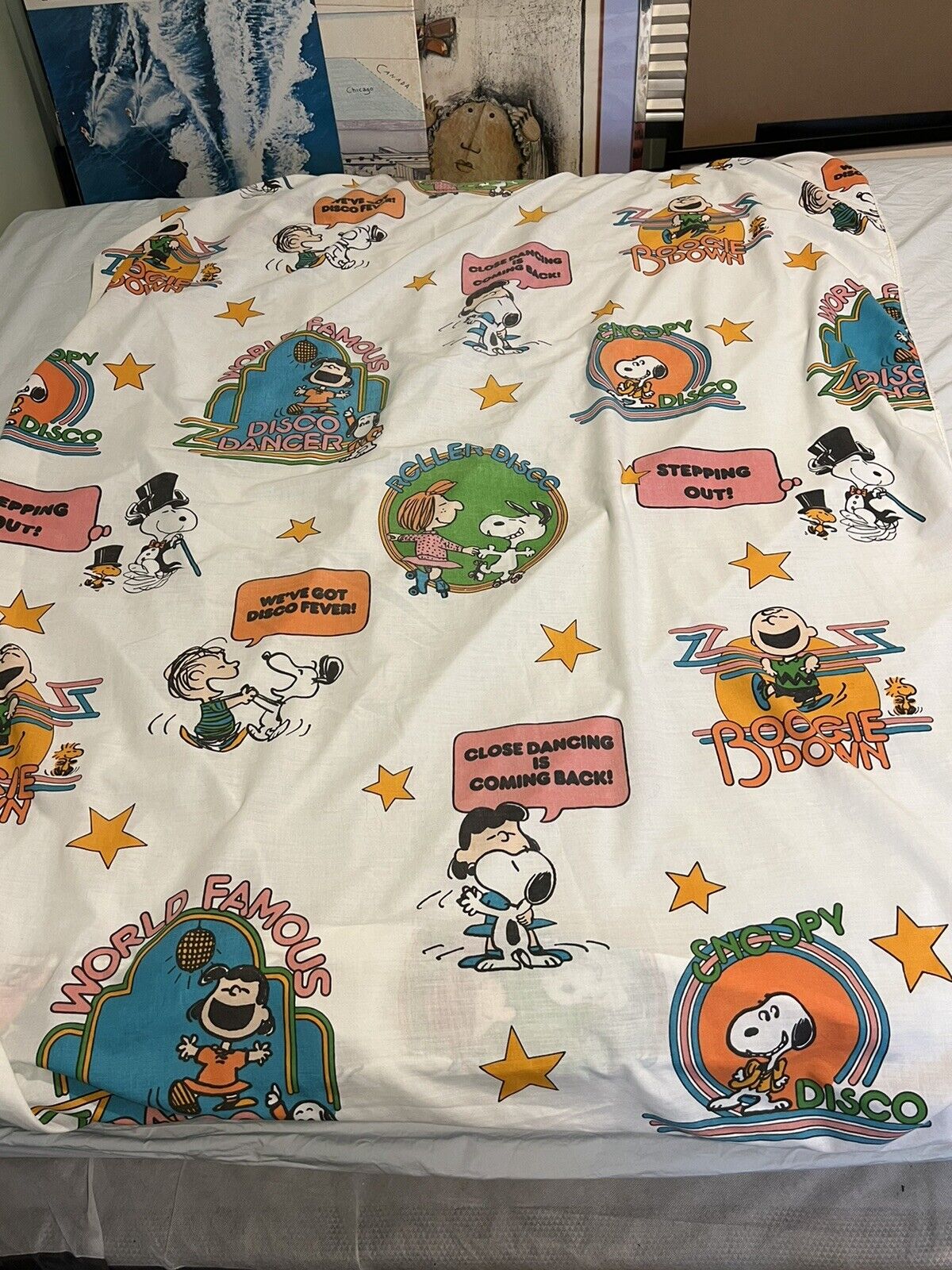 Vtg 1977 Sears Snoopy Disco Boogie Down Peanuts Twin Fitted Sheet 65/35 muslin