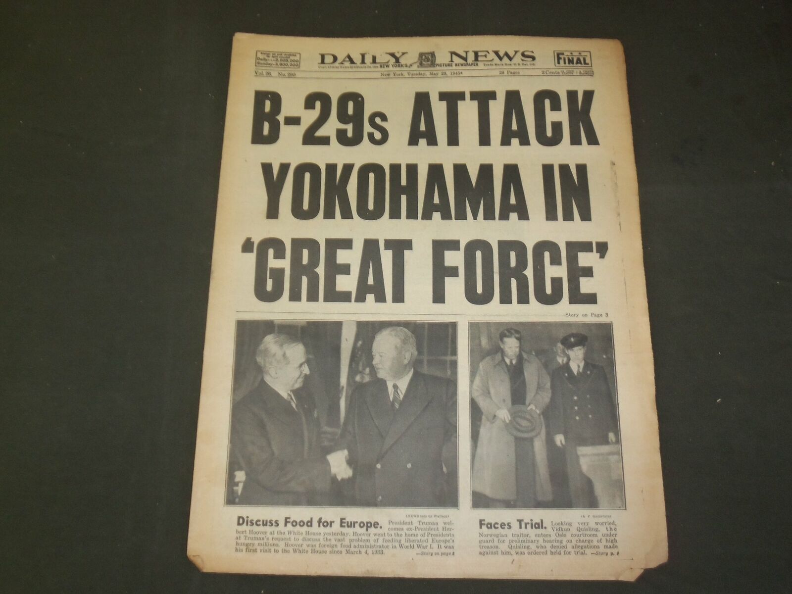 1945 MAY 29 NEW YORK DAILY NEWS - B-29S ATTACK YOKOHAMA IN GREAT FORCE - NP 4343