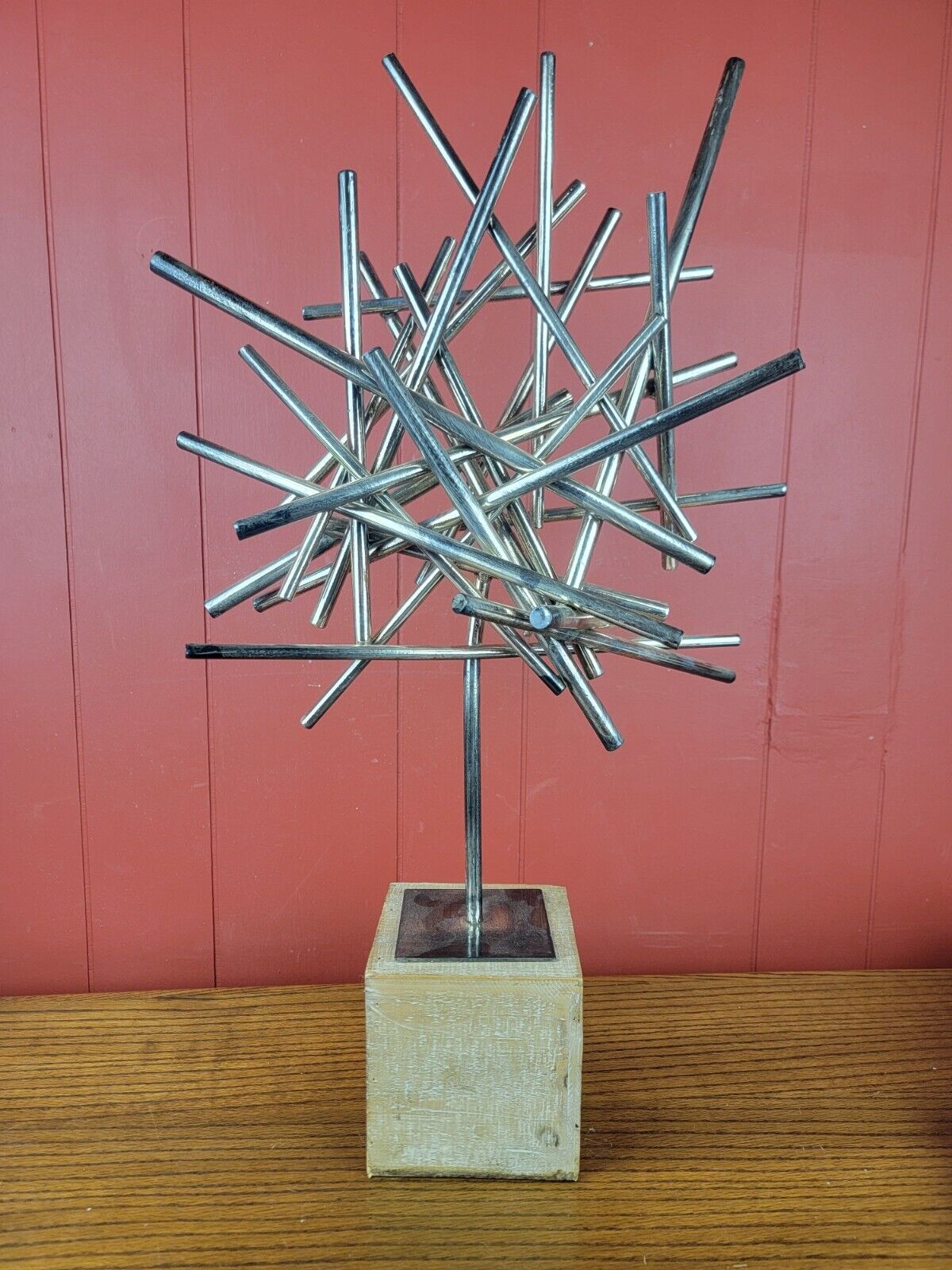 1960s Metal Abstract Starburst Decor On Wooden Base No Signature 24\