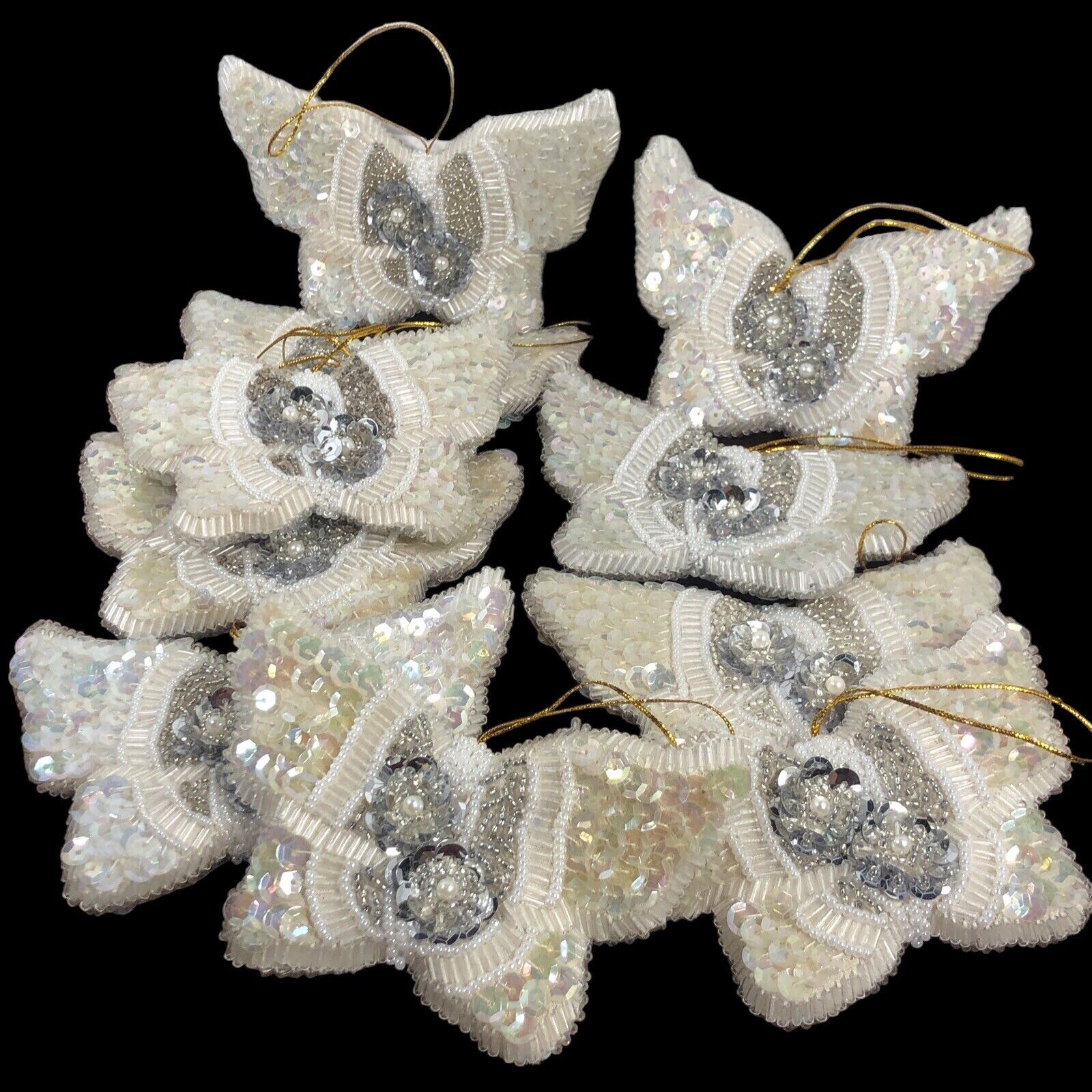 Vintage Beaded Sequin White Silver  Ornaments Christmas Victorian Ornate Lot/9